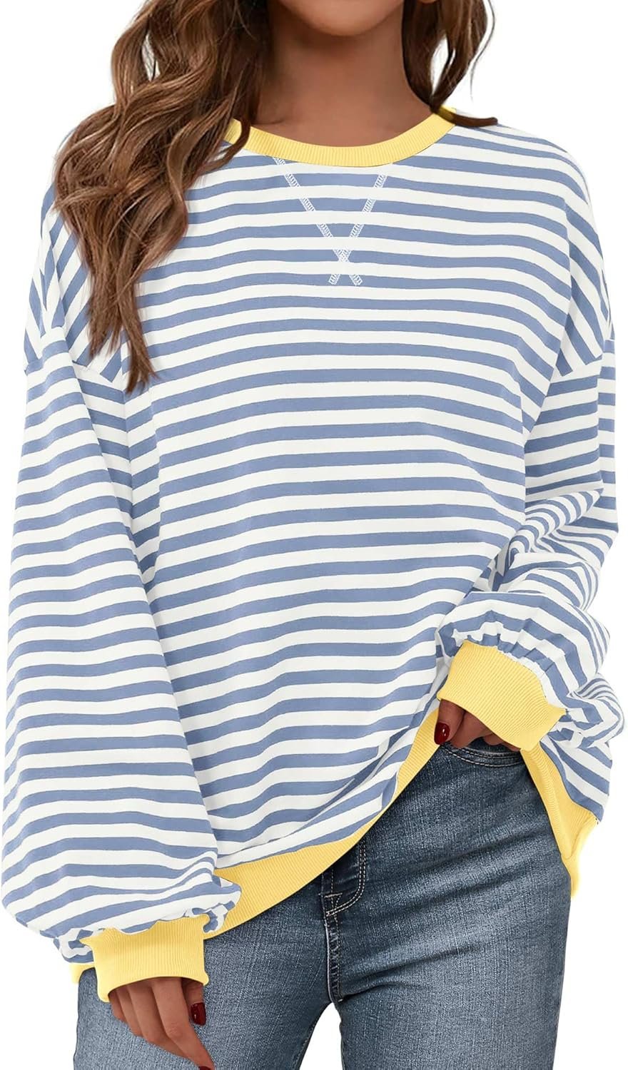 BTFBM Sweatshirt For Women 2026 Summer Crewneck Long Sleeve Oversized Striped Pullover Tops Y2K Clothes Workout Shirt