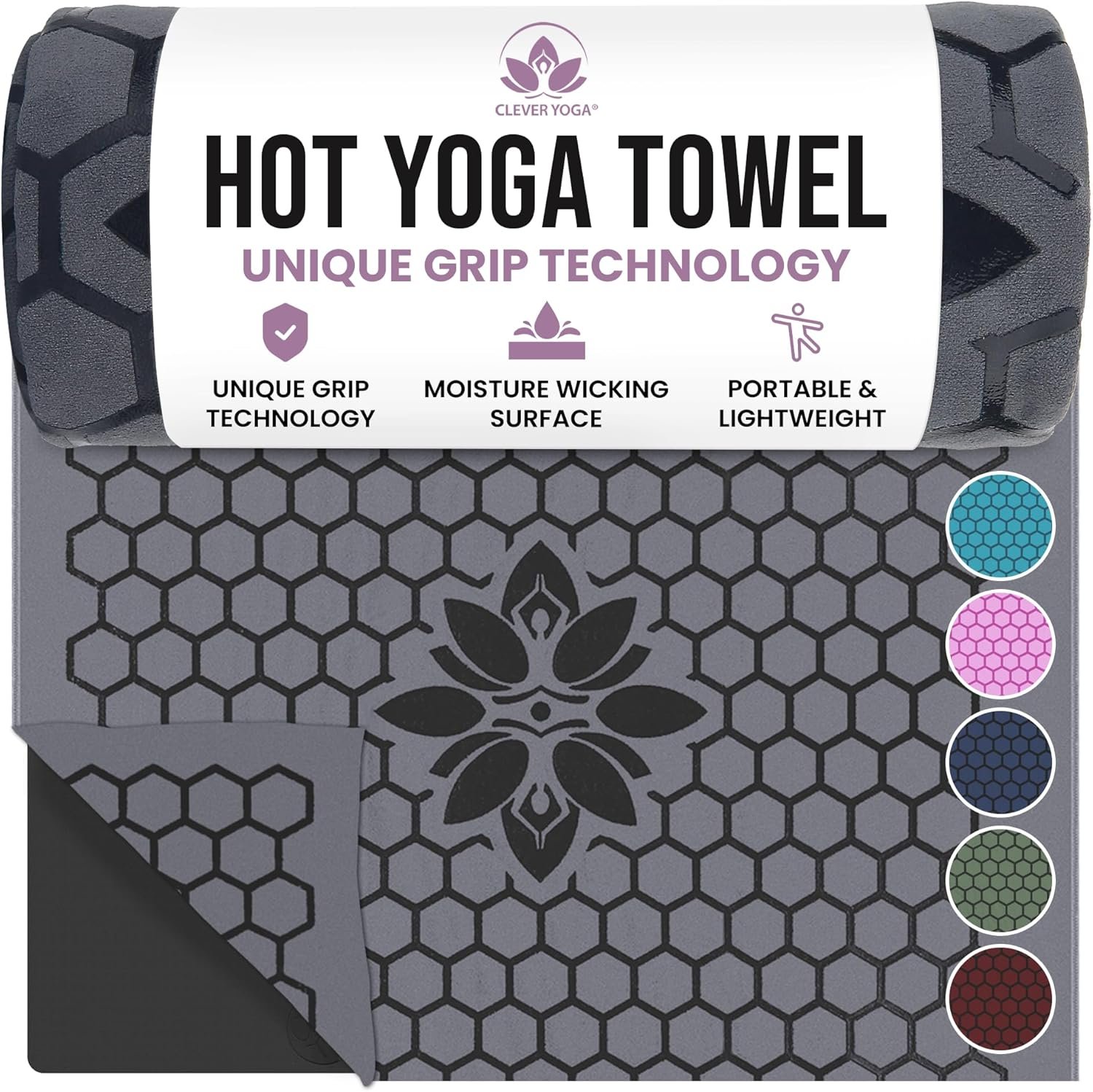 Clever Yoga Hot Yoga Mat Towel – Non-Slip Grip for Hot Yoga, Sweat Absorbent, Honeycomb Silicone Grip, Stays Flat – Ideal for Pilates, Travel, Washable & Lightweight – Gray