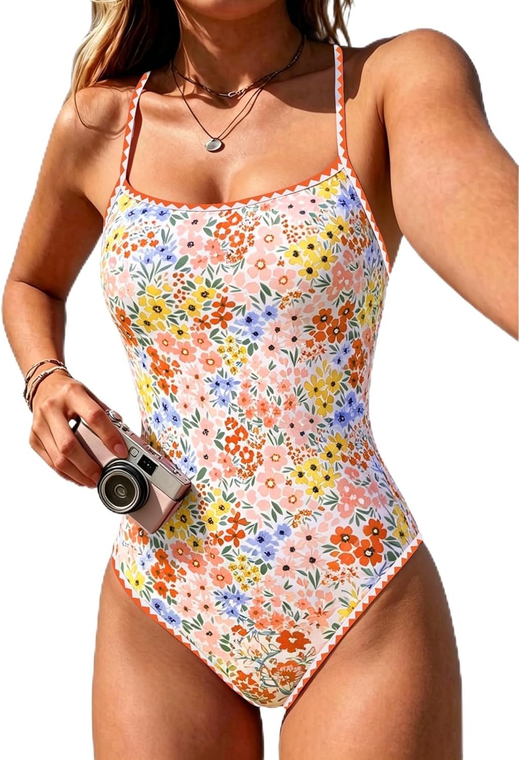 Jolefille Womens One Piece Swimsuit Tummy Control Modest Bathing Suit Teen Girls Swim Suit Cute Floral Swimwear