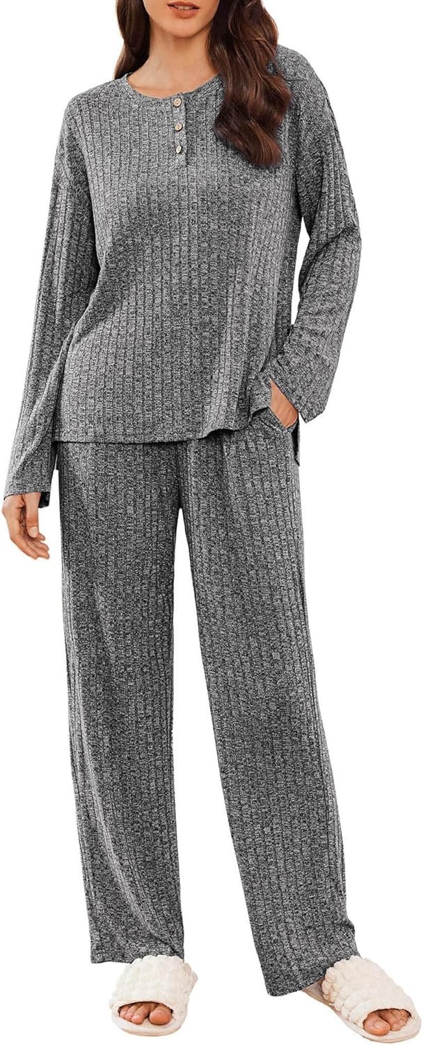 Ekouaer Womens Ribbed Knit Lounge Set Long Sleeve Henley Neck Top and Long Pants Two Piece Soft Sleepwear Matching Outfits
