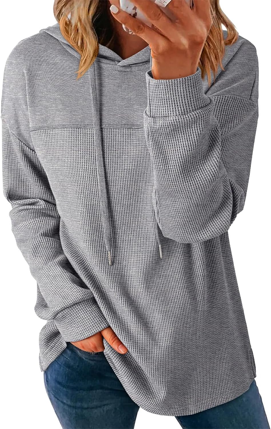 Dokotoo Womens Hoodies Casual Waffle Knit Long Sleeve Drawstring Pullover Sweatshirts Lightweight Hooded Tops