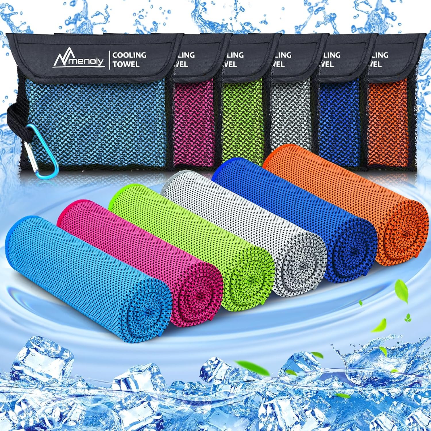 MENOLY 6 Pack Cooling Towels, 40″x12″ Cooling Towels for Neck and Face with Breathable Carrying Bags,Soft Microfiber Instant Cooling Rags, Gym Workout Sweat Towel for Sports, Yoga, Camping, Running