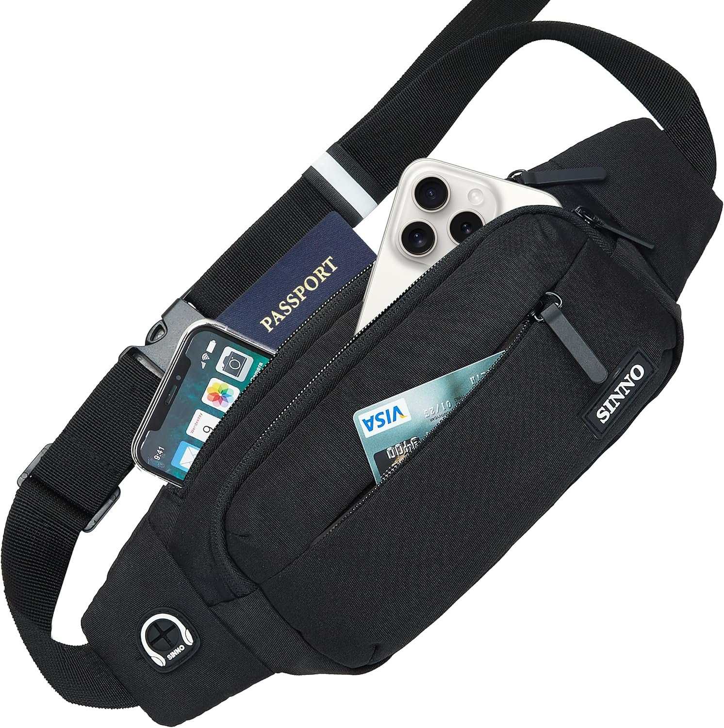 SINNO Large Crossbody Fanny Pack for Women Men Belt Bag With 4-Zipper Pockets for Travel Running Hiking Workout Dog Walking Outdoors Sport Fishing Waist Pack Bag Carrying All Phones