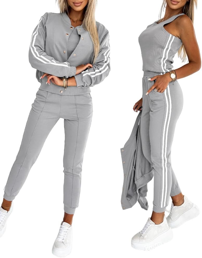 CHICME Women’s Three Piece Outfits Striped Tape Patch Tank Tops Bomber Jacket with Sporty Pants Tracksuit Lounge Sets