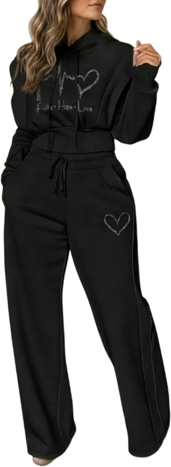 CHICME Women’s 2 Piece Outfits Queen Tracksuit Cropped Hoodie and Wide Leg Sweatpants Fashionable Casual Outfit for spring