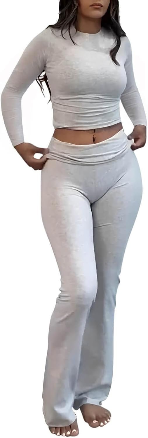 AYWA Women’s 2 Piece Outfits Foldover Flare Pants Long Sleeve Crew Neck T-shirt Fitted Pajama Sets