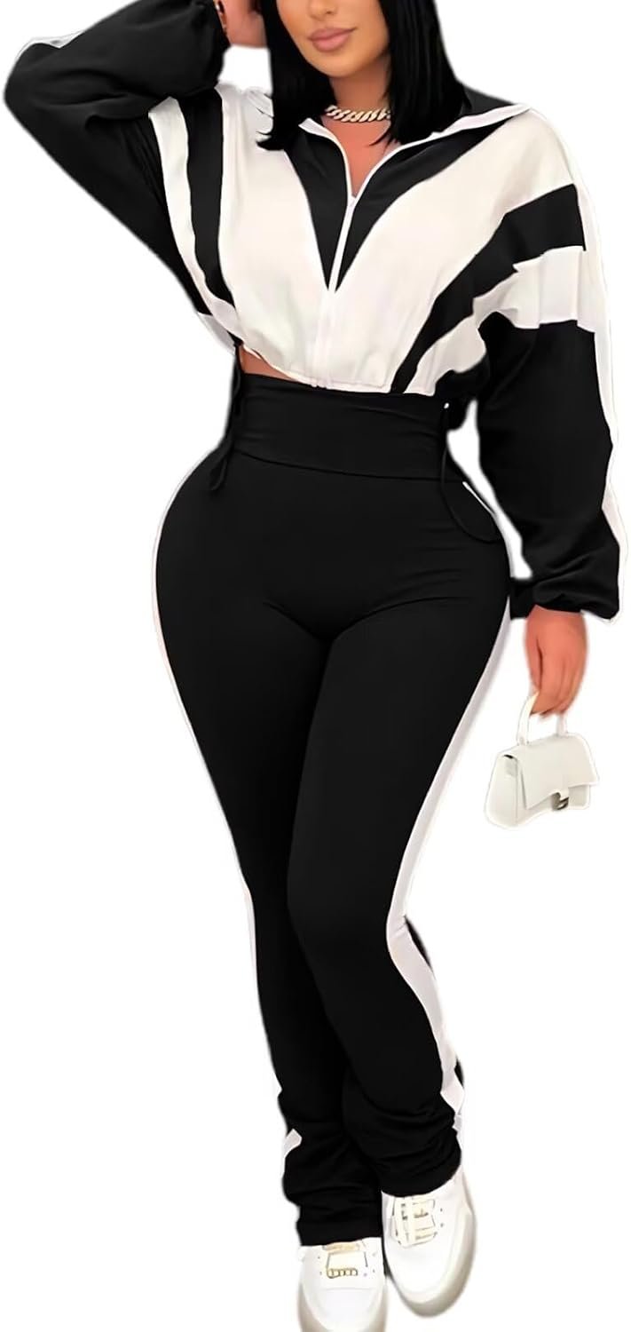 Remelon Womens 2 Piece Set Sweatsuit Color Block Long Sleeve Zip Up Cropped Jacket Legging Pants Set Tracksuit Jogger Outfits