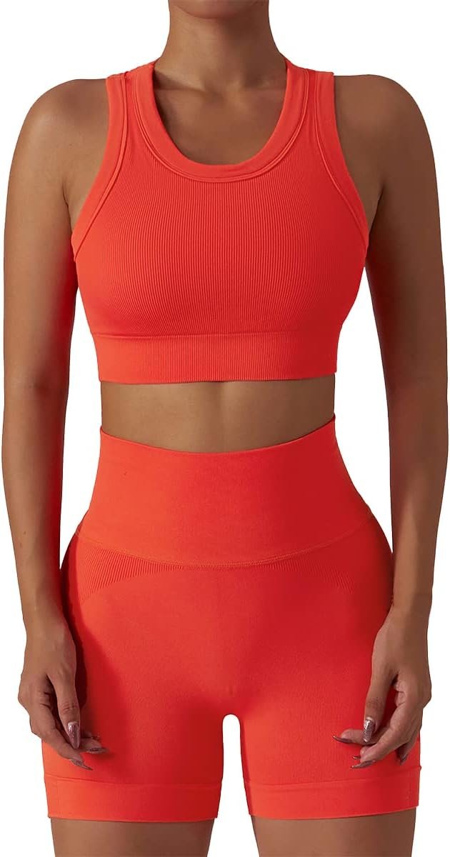 Workout Sets for Women 2 Piece Seamless Ribbed Tank Top Sport Bra High Waist Biker Shorts GYM Yoga Exercise Outfits