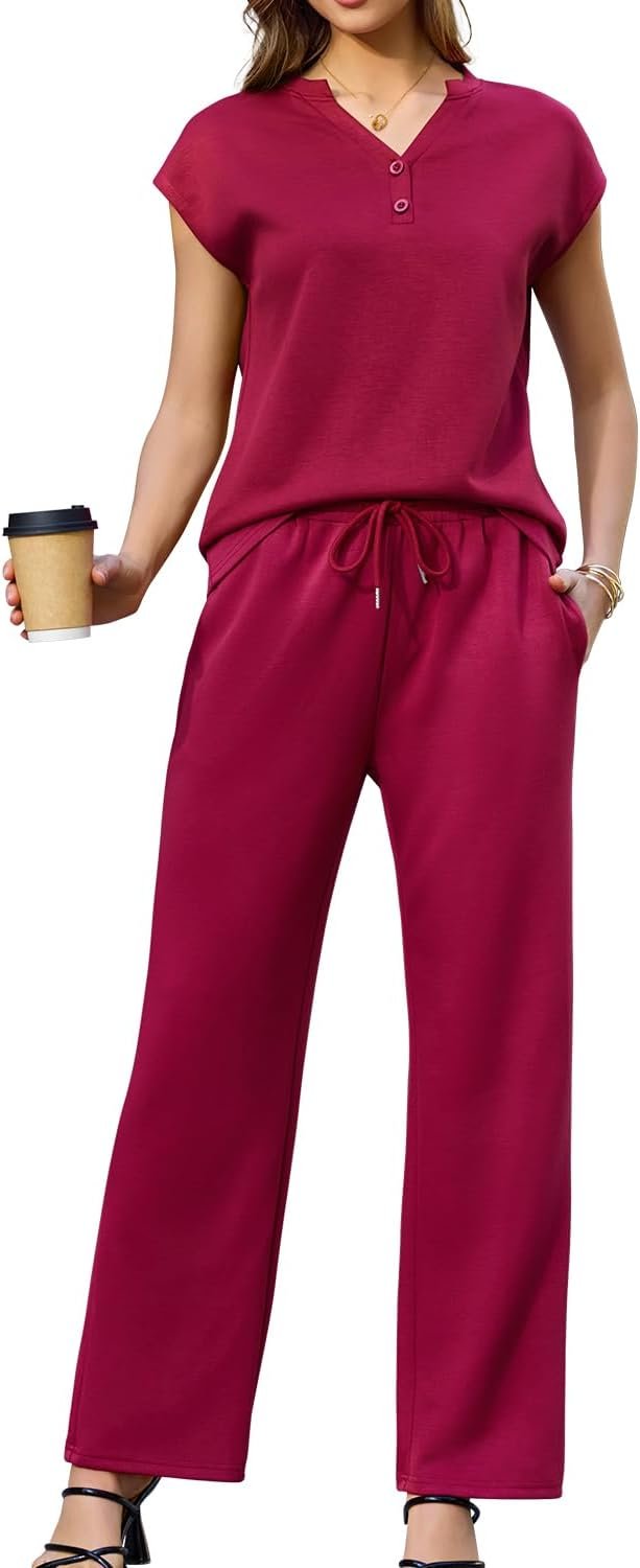 difficort Two Piece Sets for Women Summer Outfits Lounge Sets Cap Sleeve V Neck Vacation Travel Tracksuits