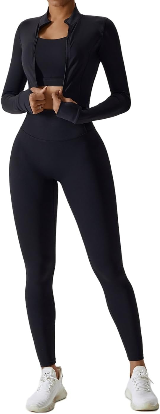 3 Piece Women Workout Set Sports Bra Crop Top Jacket with Thumb Holes Tummy Control High Waist Leggings