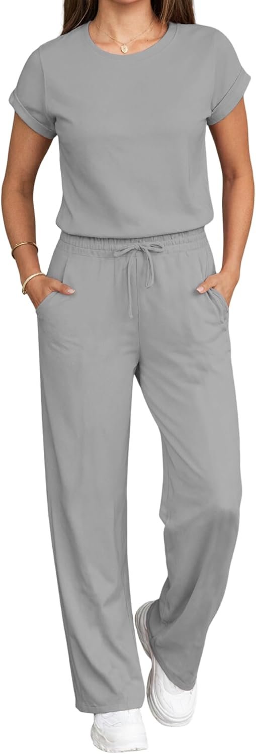 PINSV Women’s 2 Piece Outfits Lounge Sets Short Sleeve Tops Wide Leg Pants Tracksuit