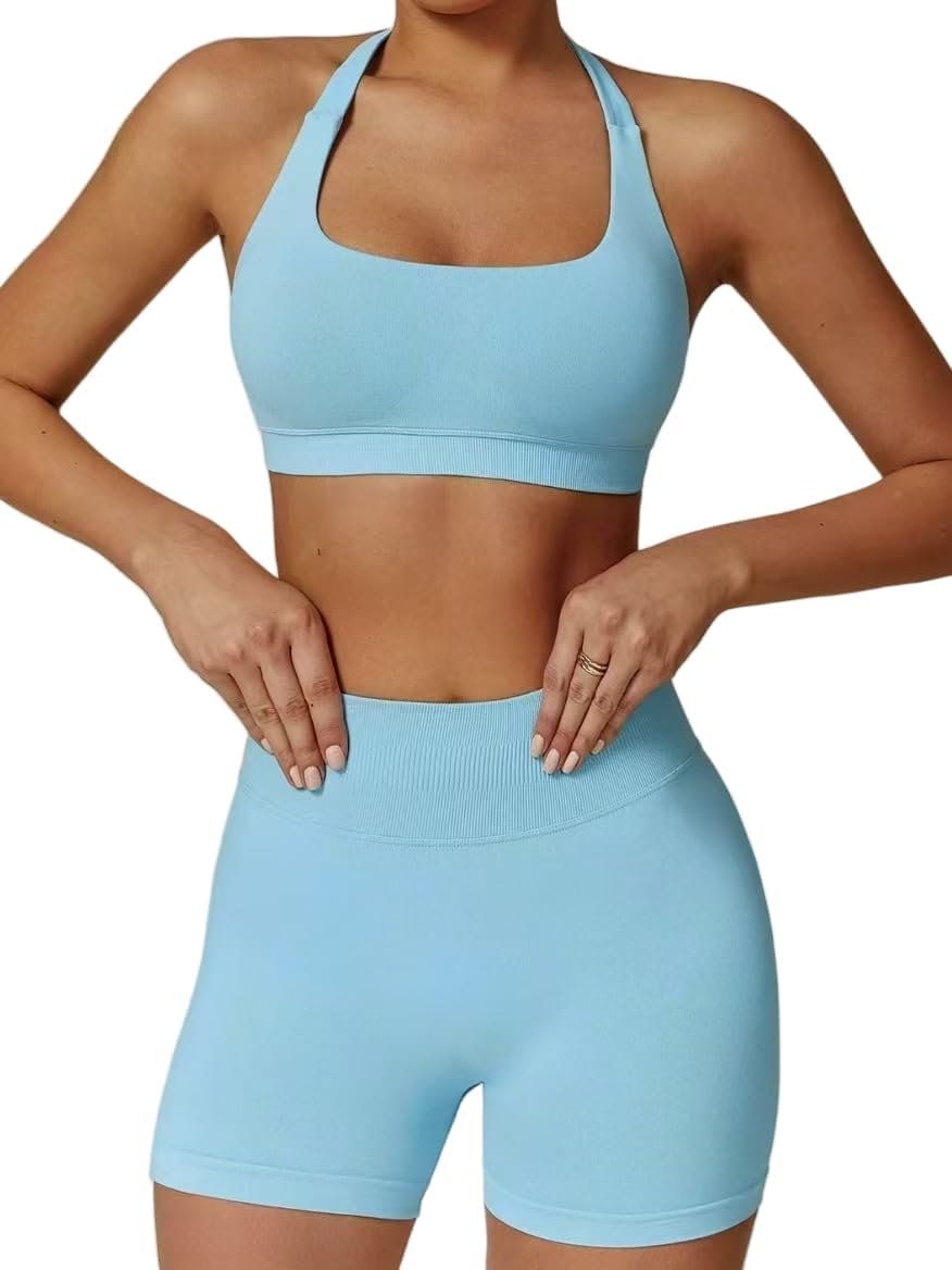 Workout Sets for Women 2 Piece Seamless Halter Sport Bra High Waist Shorts Exercise Gym Yoga Outfits