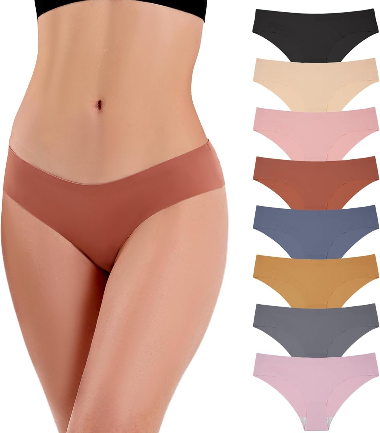 Double Couple 8 Pack Seamless No-Show Underwear Low Rise Soft Stretch Breathable Bikini Sets for Women (S-XL)