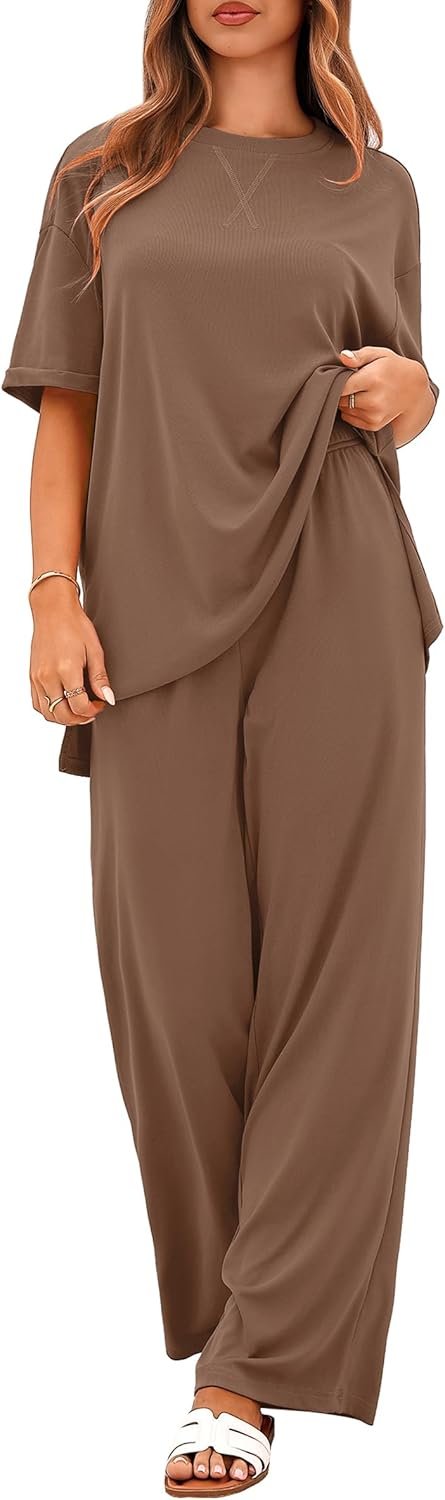 Totatuit Two Piece Sets For Women Summer Travel Vacation Airport Outfits Short Sleeve Oversized Loungewear Sets