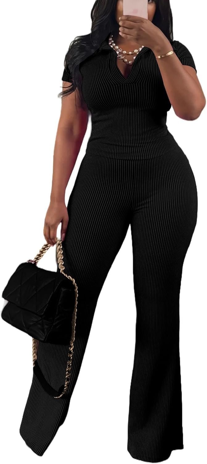 HBQ Women’s 2 Piece Outfit Ribbed Short Sleeve V Neck Polo Top Flare Pants Casual Lounge Sets Tracksuit