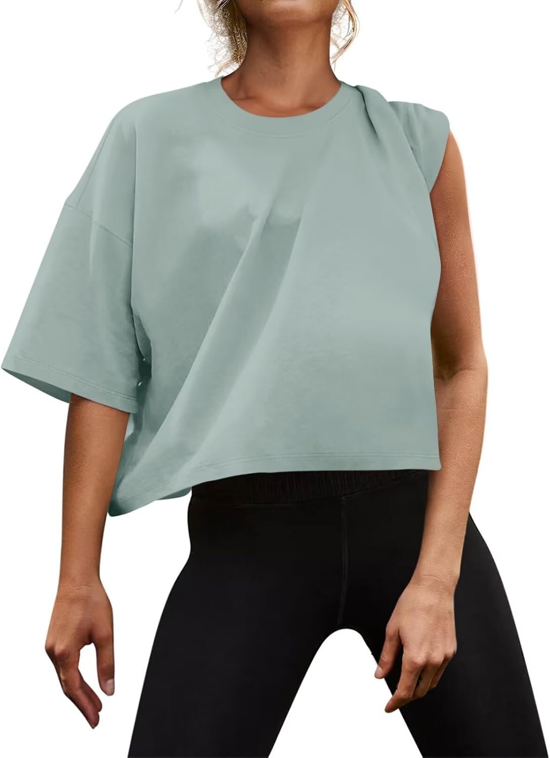 Micticsi Womens Oversized Workout Crop Tops Cotton T Shirts Boxy Crewneck Loose Fit Short Sleeve Tee Summer Clothes 2025