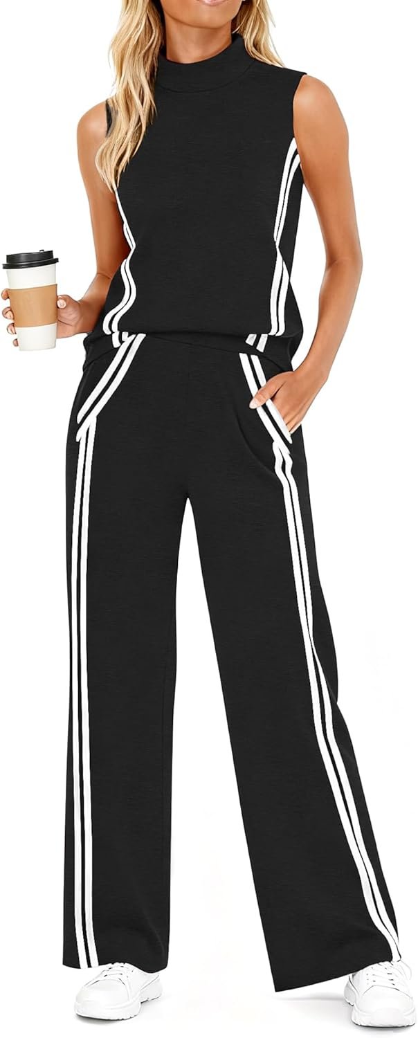 Casly Lamiit Womens 2 Piece Lounge Set Stripes Travel Outfits Sweatsuit Mock Neck Tank Top Wide Leg Pants Casual Activewear