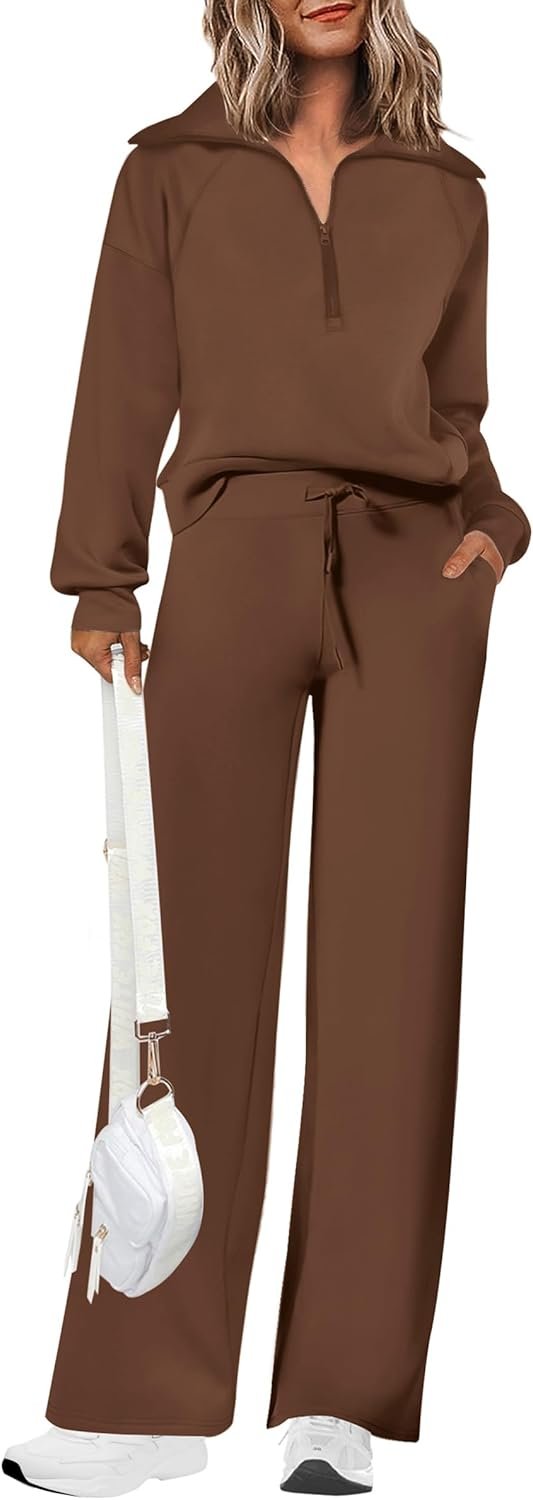 PRETTYGARDEN Women’s 2 Piece Outfits Casual Lapel Half Zip Sweatshirts and Wide Leg Pants Tracksuit Sets