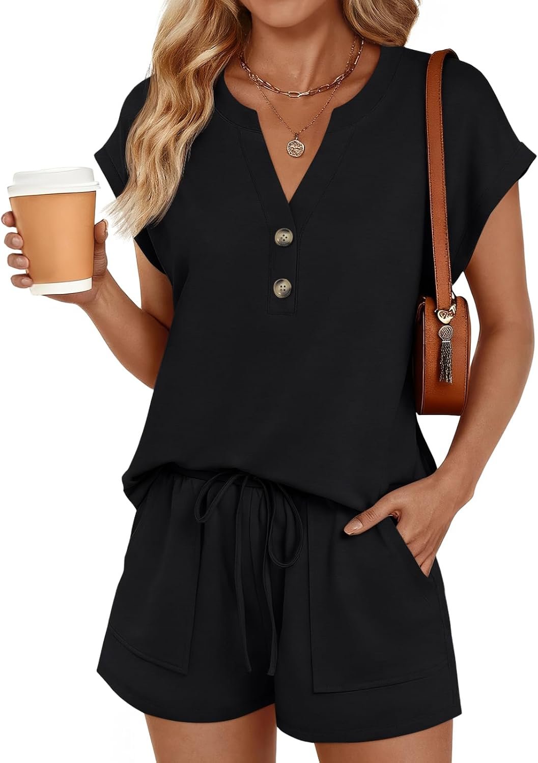 LILLUSORY 2 Piece Summer Set 2026 Henley Top & Drawstring Shorts with Pockets