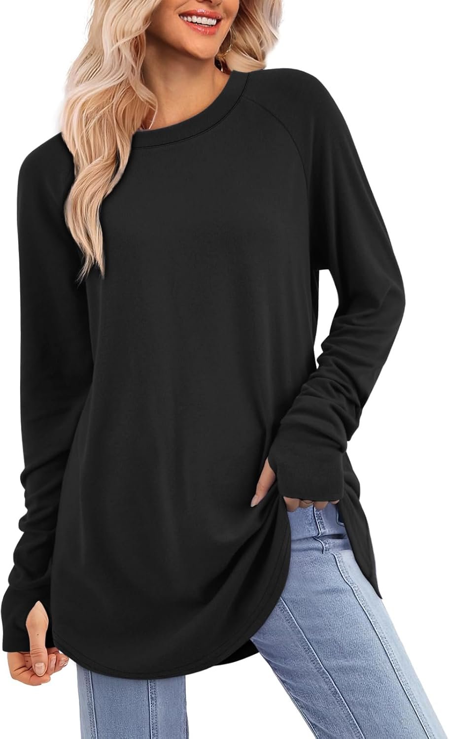 ATHMILE Womens Tunic Tops Long Sleeve Thumb Hole Shirts Fall Sweater Crew Neck Winter Fashion Clothes 2025