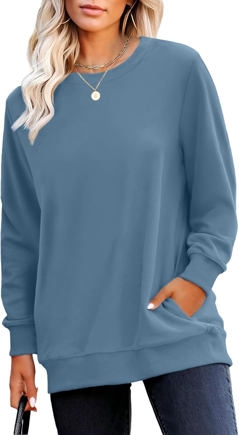 RUMIA Crewneck Fall Sweatshirts for Women Trendy- Women’s Plain Long Sleeve Pullover Tops with Pockets Fashion
