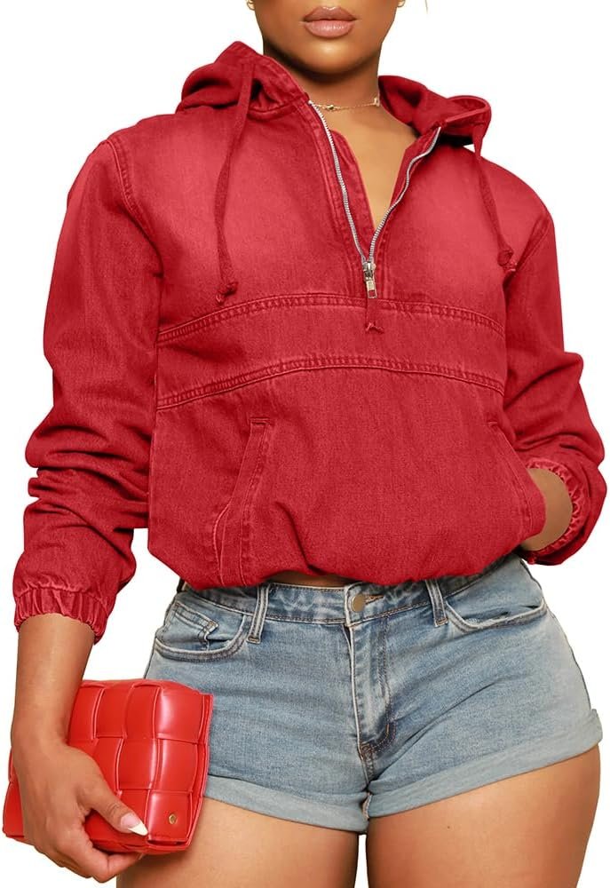 Women’s Half Zip Denim Hoodie Pullover Jackets Jean Tops