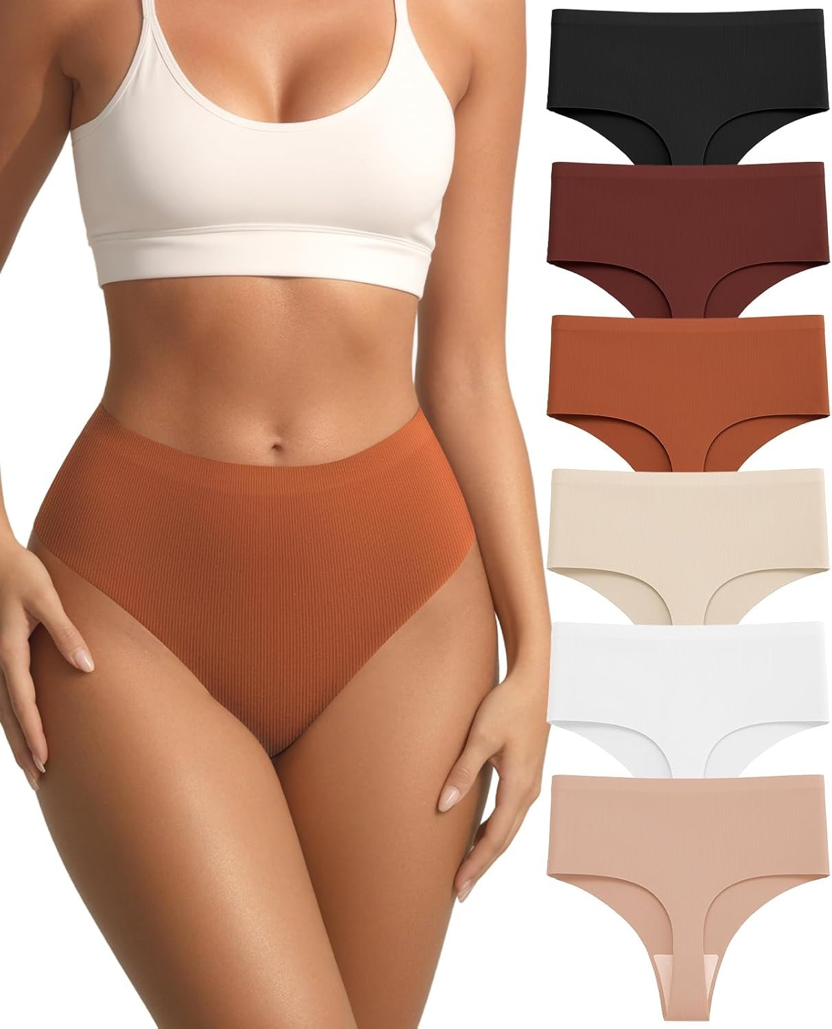 tichers Womens Underwear Seamless Thongs for Women Breathable No Show Panties for Ladies High Waisted Thong Undies 6 Pack