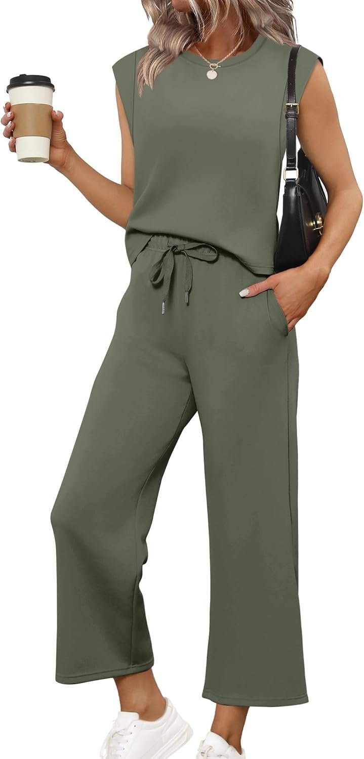 SAMPEEL Two Piece Sets for Women Casual Travel Vacation Outfits Summer Wide Leg Crop Pants Lounge Sets