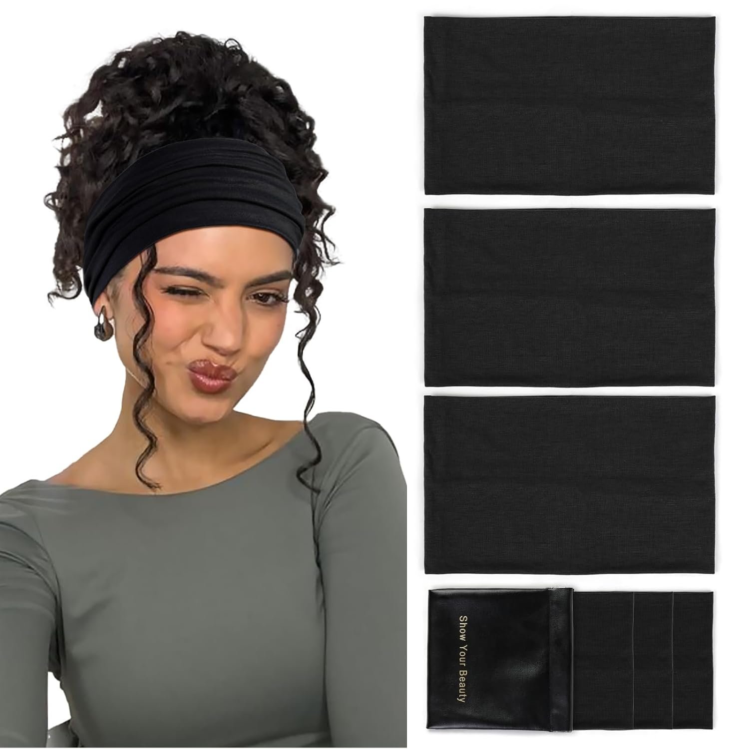 Huachi Black Headbands for Women Wide Headbands for Women Non Slip Thick Womens Headband Boho Elastic Hair Bands for Women’s Hair Stretchy Sweat Head Band for Workout Running Working