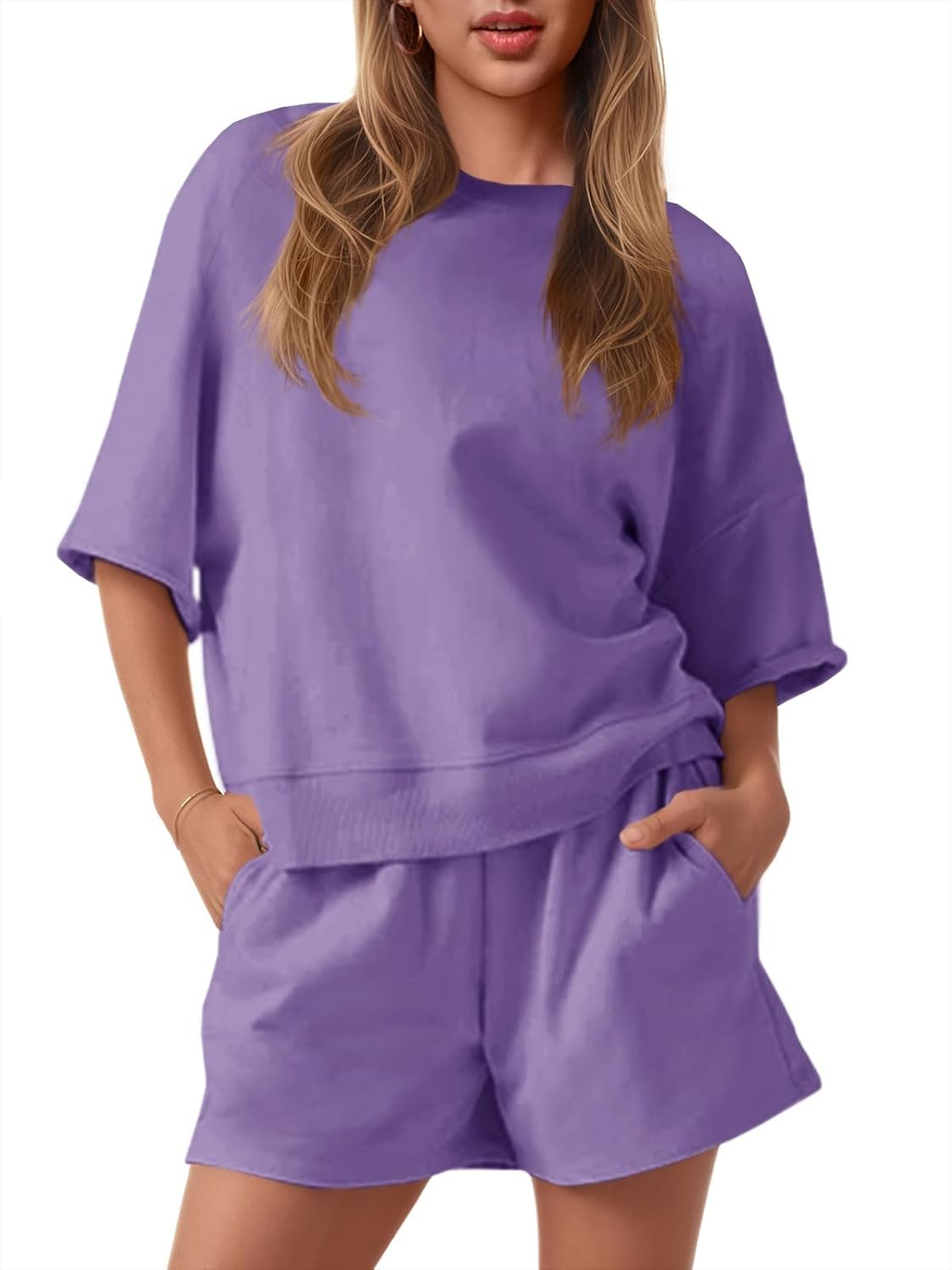 Fisoew Womens 2 Piece Outfits Casual Oversized Cropped Sweatshirt and High Waist Running Shorts Tracksuit Sets