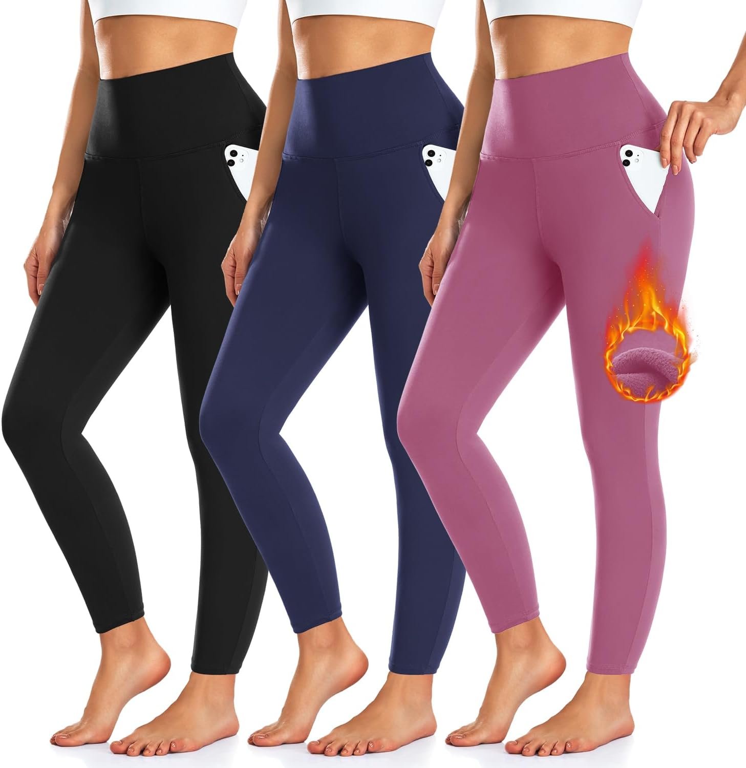 3 Pack Fleece Lined Leggings Women with Pockets -Warm Winter Yoga Pants for Women Thermal Running Workout Leggings