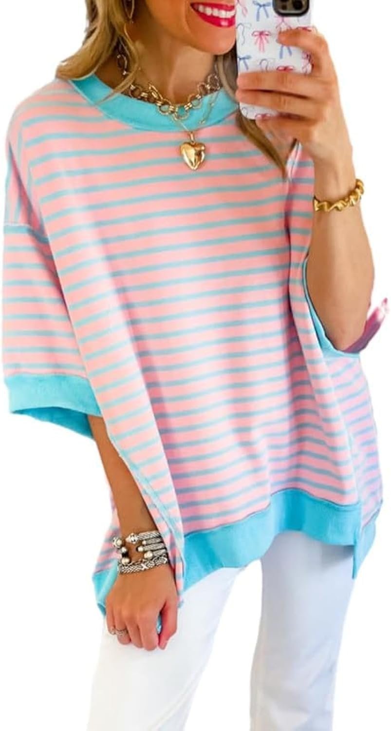 SHEWIN Womens Tops Casual Short Sleeve Sweatshirt Crewneck Striped Shirt Pullover T Shirts Loose Blouses
