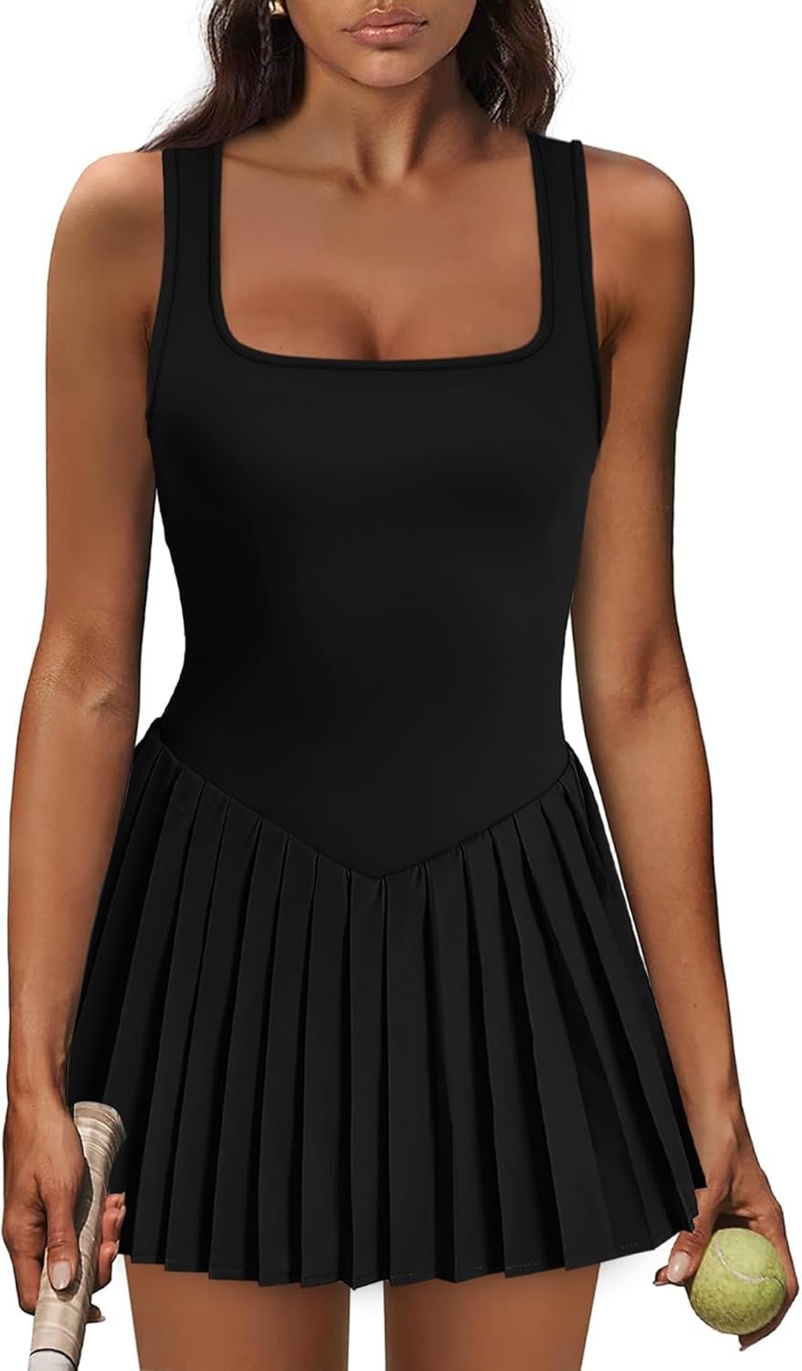 Athletic Dress for Women Built in Shorts U Neck Womens Tennis Dress Pleated with Pockets Sleeveless Golf Clothes