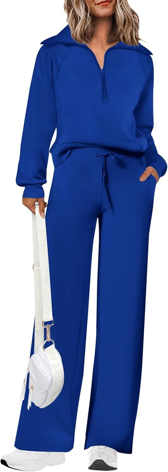 PRETTYGARDEN Women’s 2 Piece Outfits Casual Lapel Half Zip Sweatshirts and Wide Leg Pants Tracksuit Sets
