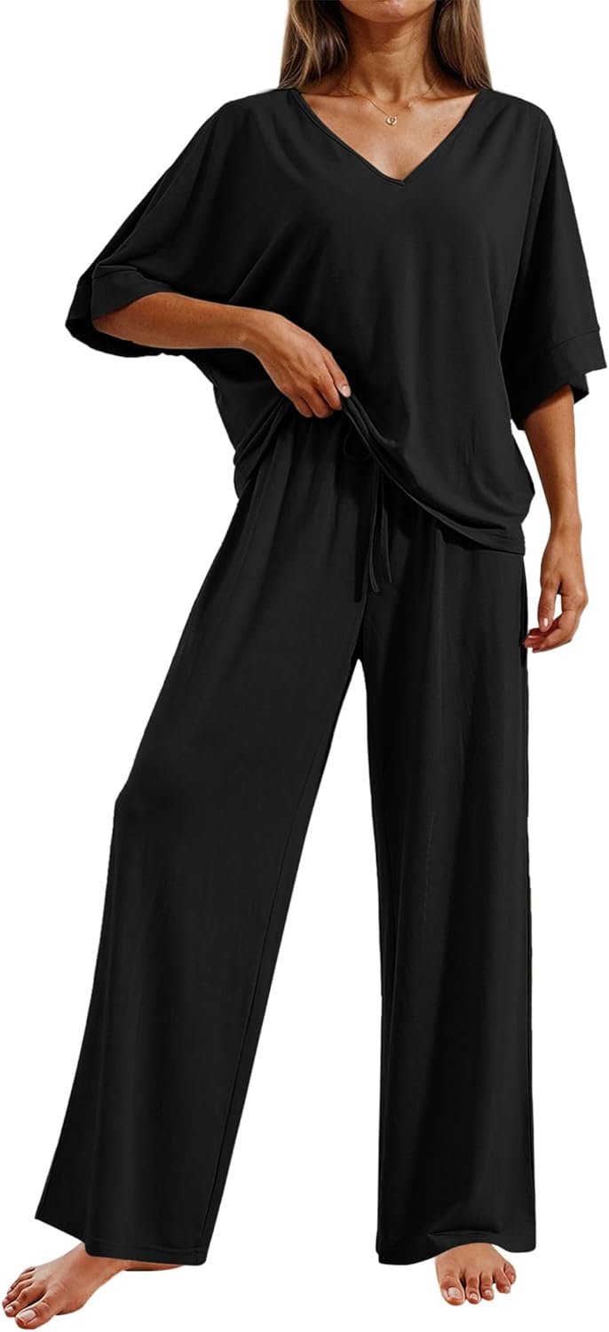 Ekouaer Pajama Sets for Women 2 Piece Lounge Set Short Sleeve Tops and Long Pants Soft Comfy Pjs Sleepwear Outfits S-XXL