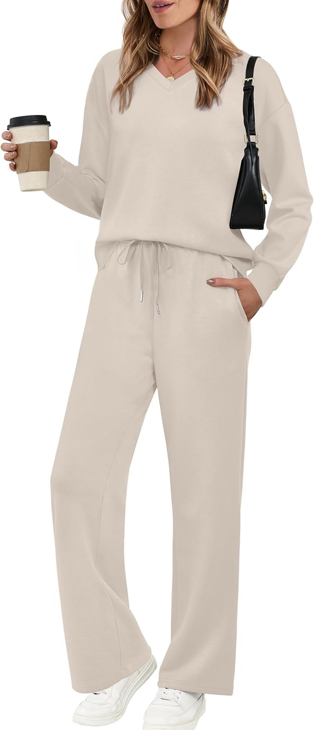 WIHOLL Lounge Sets for Women 2026 V Neck 2 Piece Outfits Airport Wide Leg Pants Matching Set Sweatsuits