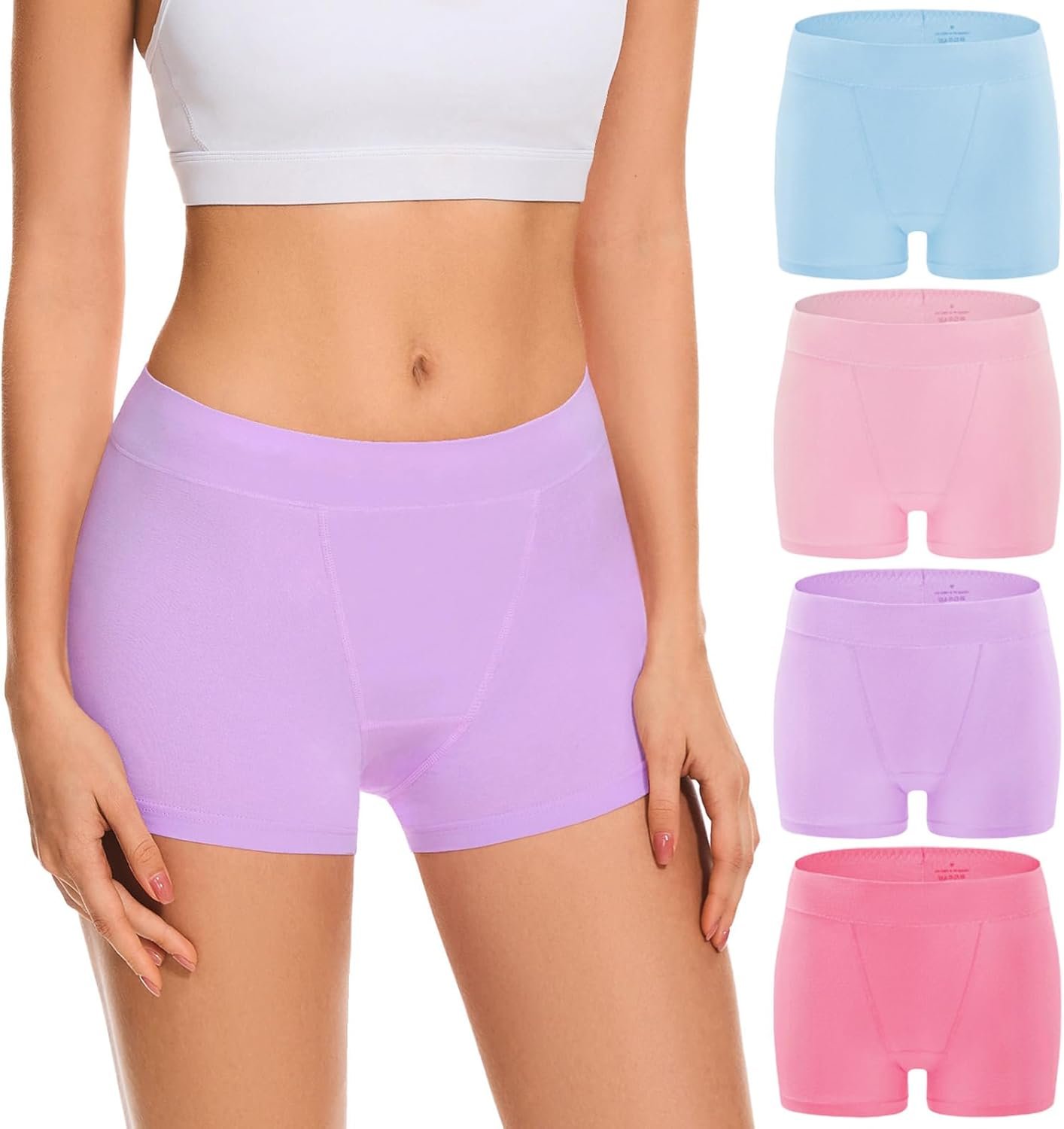 Migbean Boy Shorts Underwear for Women Cotton Panties Mid Waisted Boxer Briefs Breathable Underwear Multipack 4 Pack