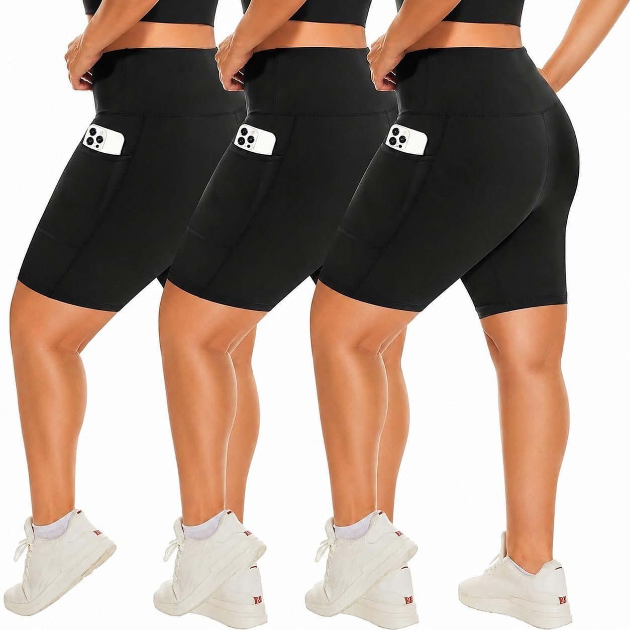 HLTPRO 3 Pack Plus Size Biker Shorts with Pockets for Women (S-4XL)- 8″/5″/3″ High Waist Tummy Control Shorts for Yoga