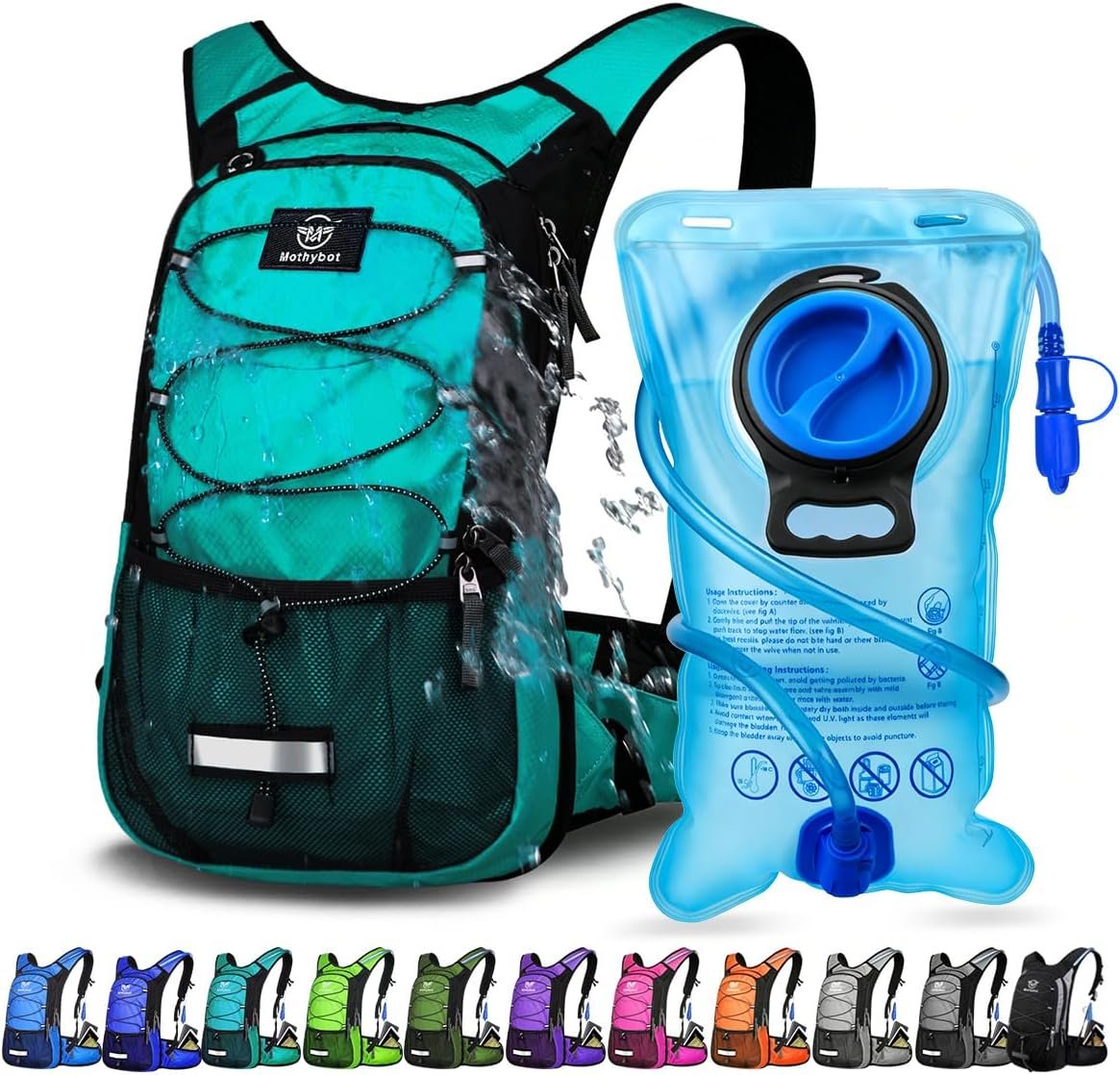 Mothybot Insulated Hydration Backpack Pack with 3L BPA Free Leak Proof Water Bladder, Large Storage Lightweight Hiking Daypack with Waist Pouches & Cooler Layer, for Running, Biking, Camping, Festival
