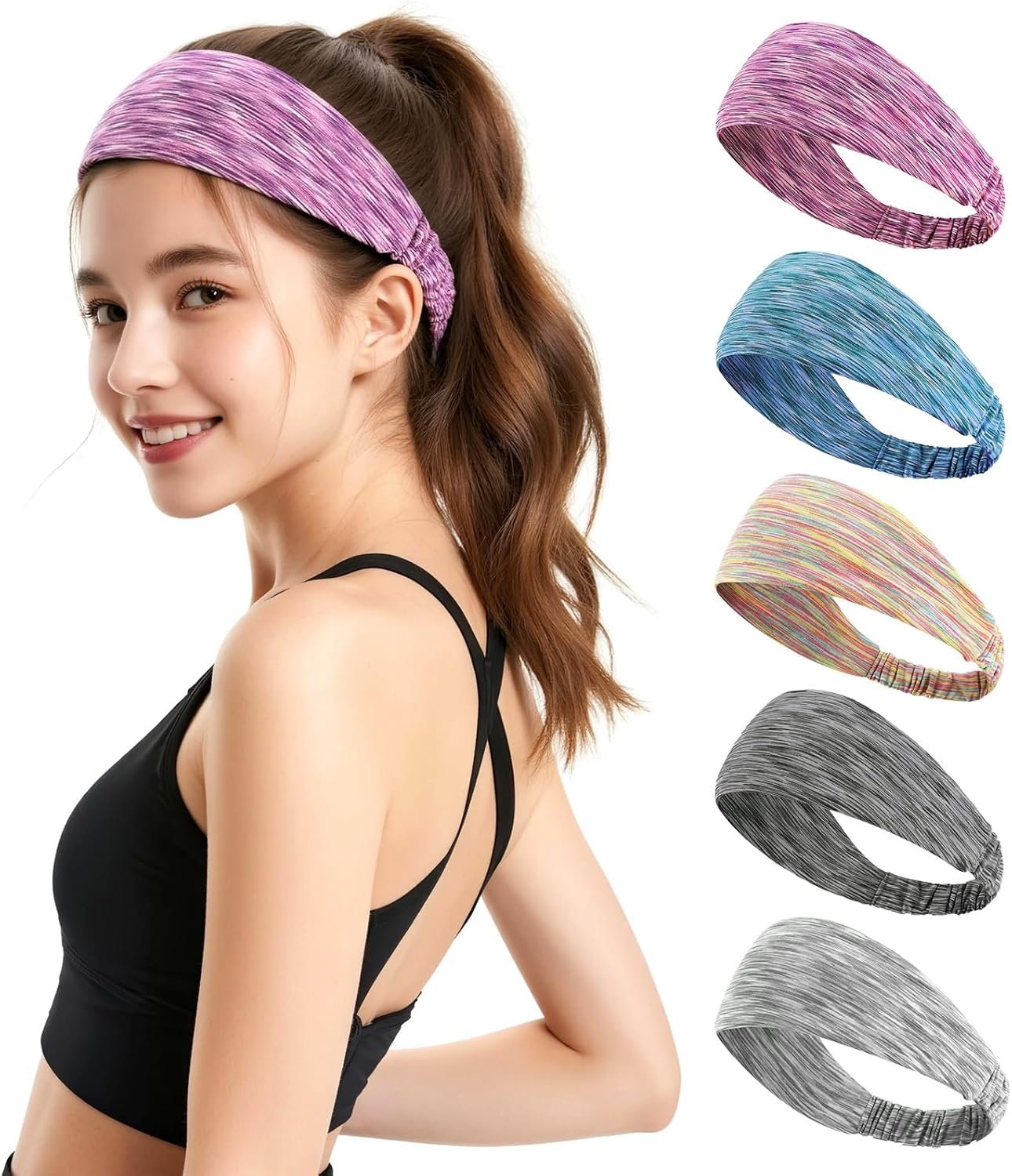 Sweat Headbands for Women – Moisture Wicking Wide Yoga Headband, Non Slip Soft Elastic Sports Headbands for Workout, Running, Gym – 5 Pack Colorful Assorted