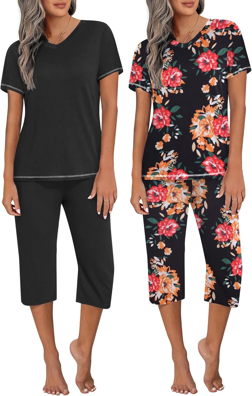 Ekouaer 2 Pack Women’s Capri Pajama Sets Short Sleeve Two-Piece Pjs V Neck Tops & Pants Printed Lounge Sets S-3XL