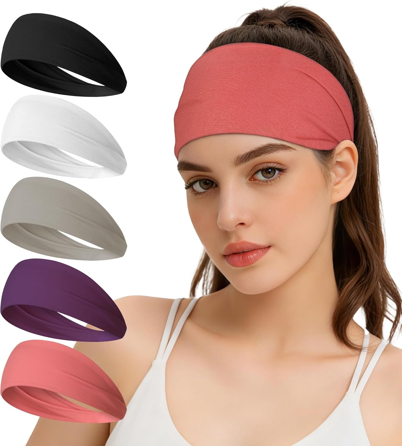HiRui Headbands for Men & Women (5 Pack), Moisture Wicking No‑Slip Sports Headbands for Running, Workout, Yoga, Cycling, Gym, Soft Stretchy Sweatbands & Hair Bands for Everyday Wear