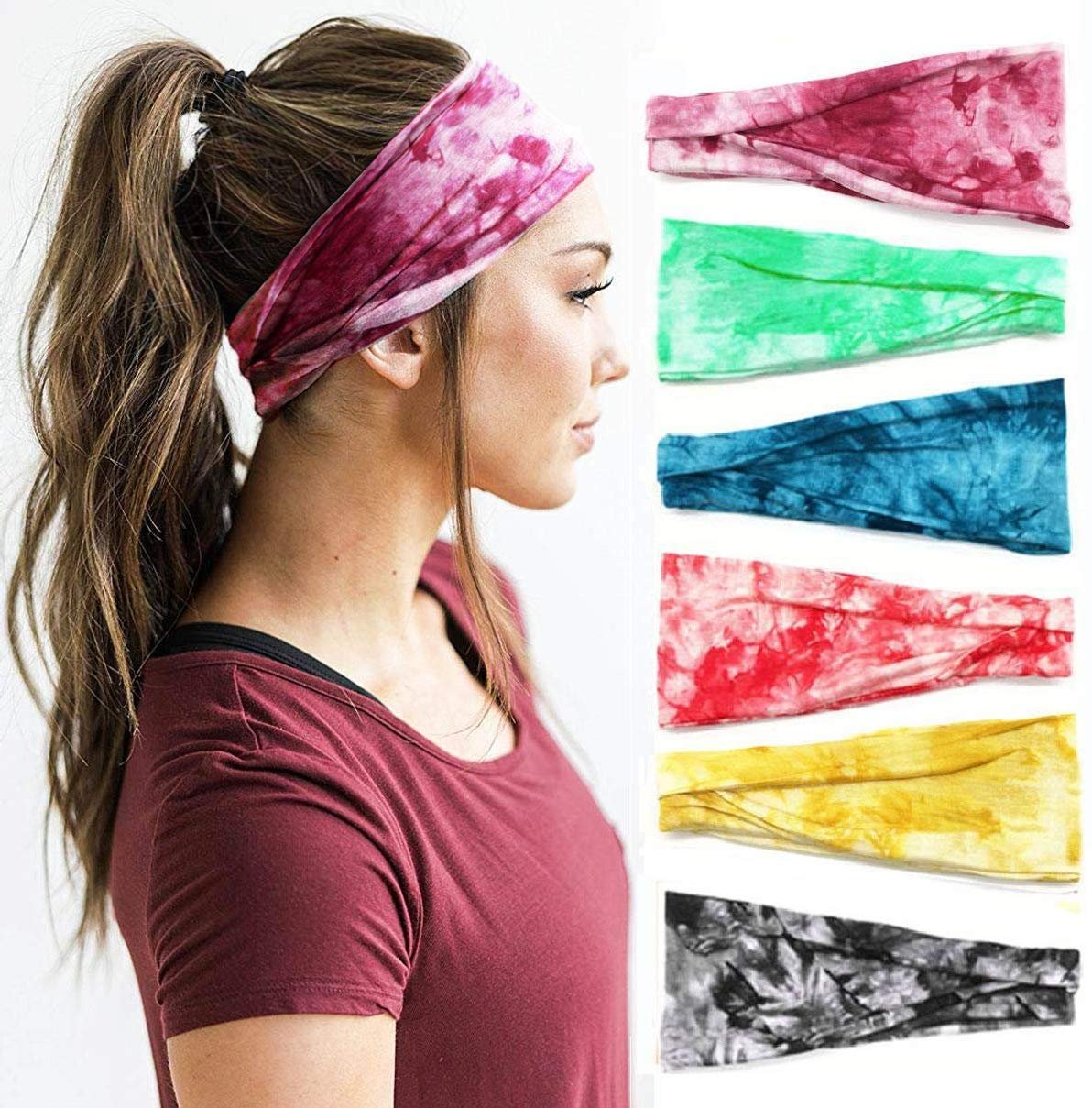 Huachi Women’s Headbands Yoga Workout Exercise Headbands for Women Cute Elastic Hair Bands for Women’s Hair Tie Dye Bandeau Headband Sweatbands