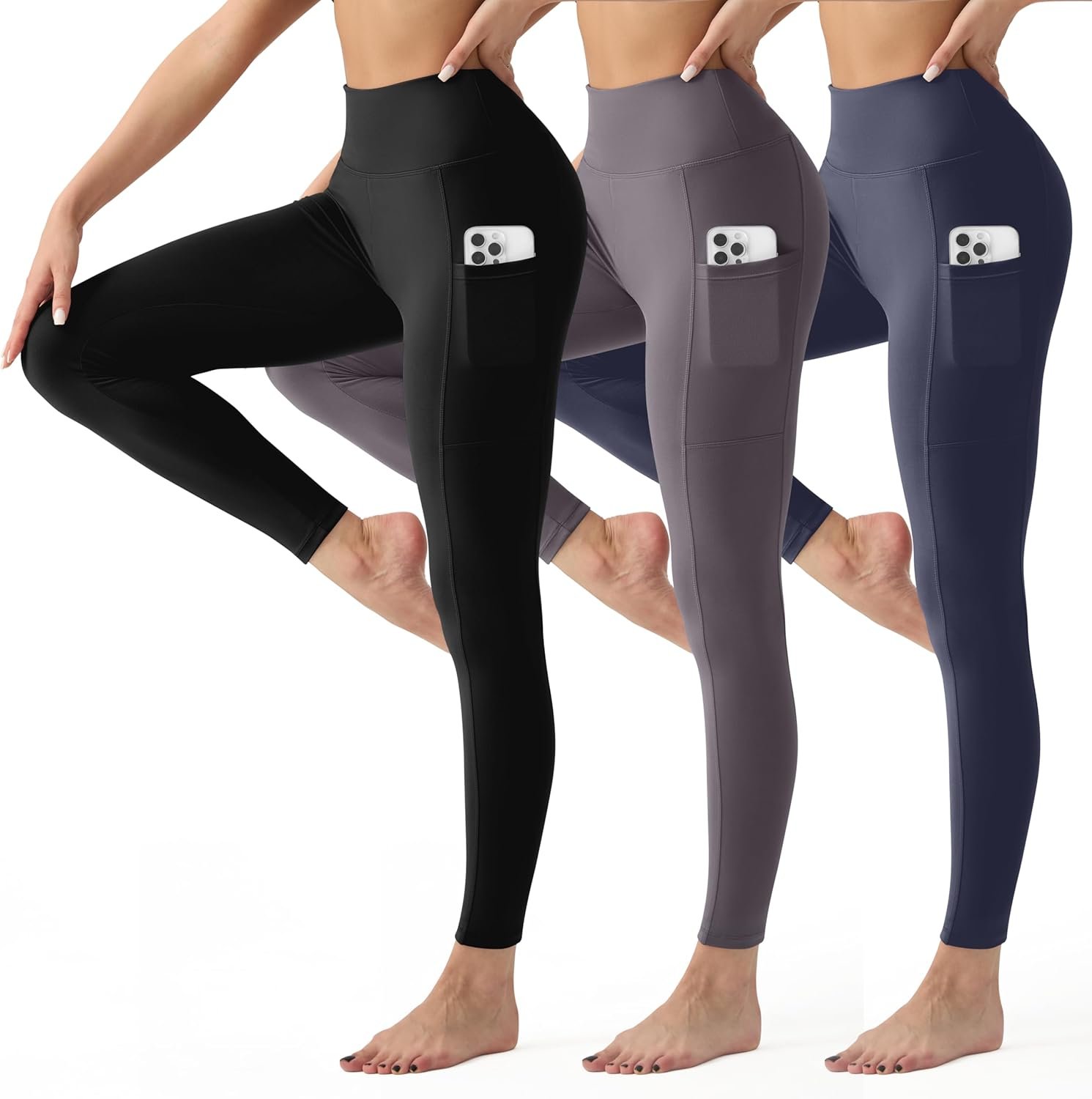 YUDSUD 3 Pack High Waisted Leggings with Pockets for Women Tummy Control Yoga Pants for Running & Daily Wear
