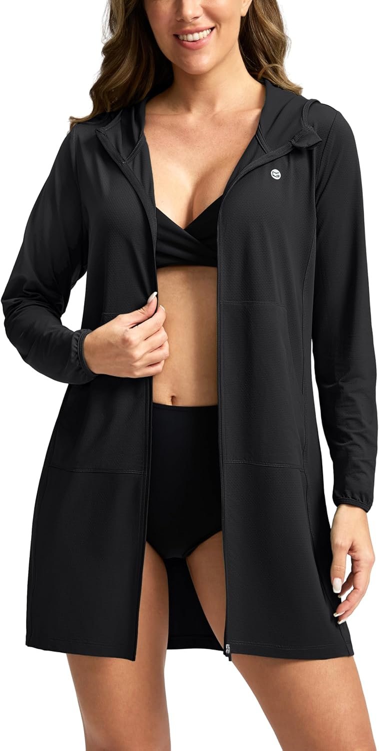 Women’s UPF 50+ Swim Cover Up Sun Protection Hoodie Long Jacket SPF Lightweight Beach Cover Ups for Women