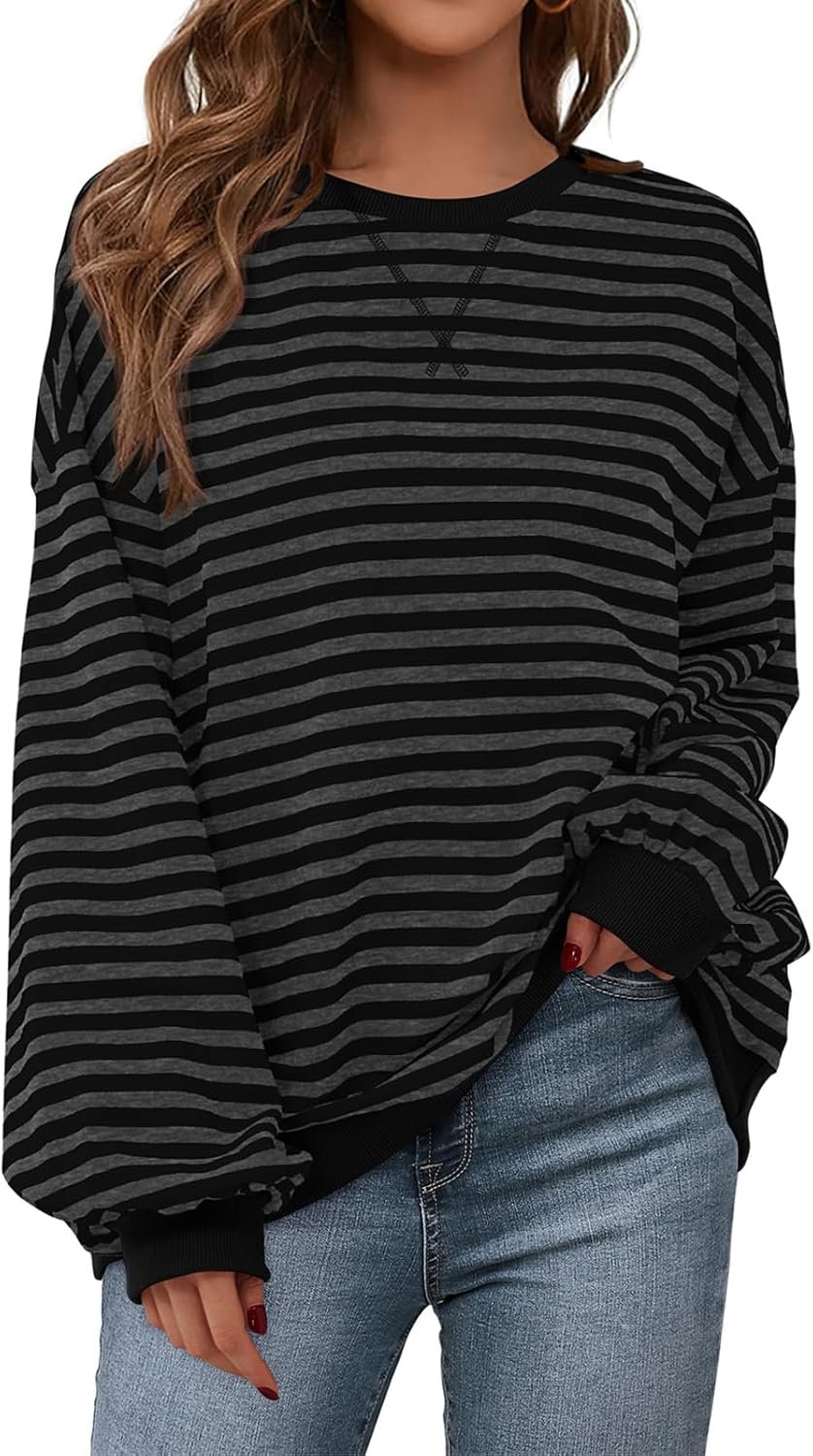 PRETTYGARDEN Womens Striped Oversized Sweatshirt Color Block Crew Neck Long Sleeve Casual Loose Pullover Top Y2K Clothes