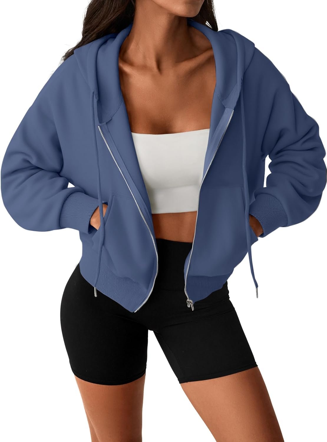Hilinker Womens Cropped Zip Up Hoodie Drawstring Long Sleeve Crop Hooded Jacket with Pocket