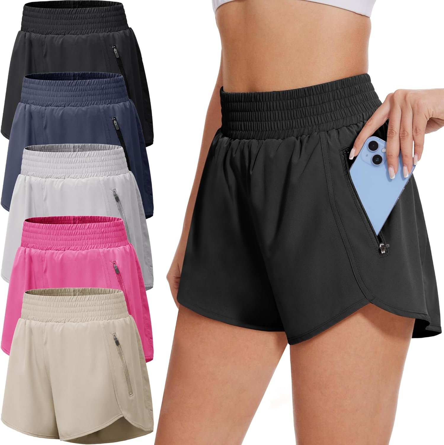 BALENNZ 5 Pack Womens Athletic Shorts with Zipper Pockets Activewear Elastic Waist Workout Gym Running Shorts