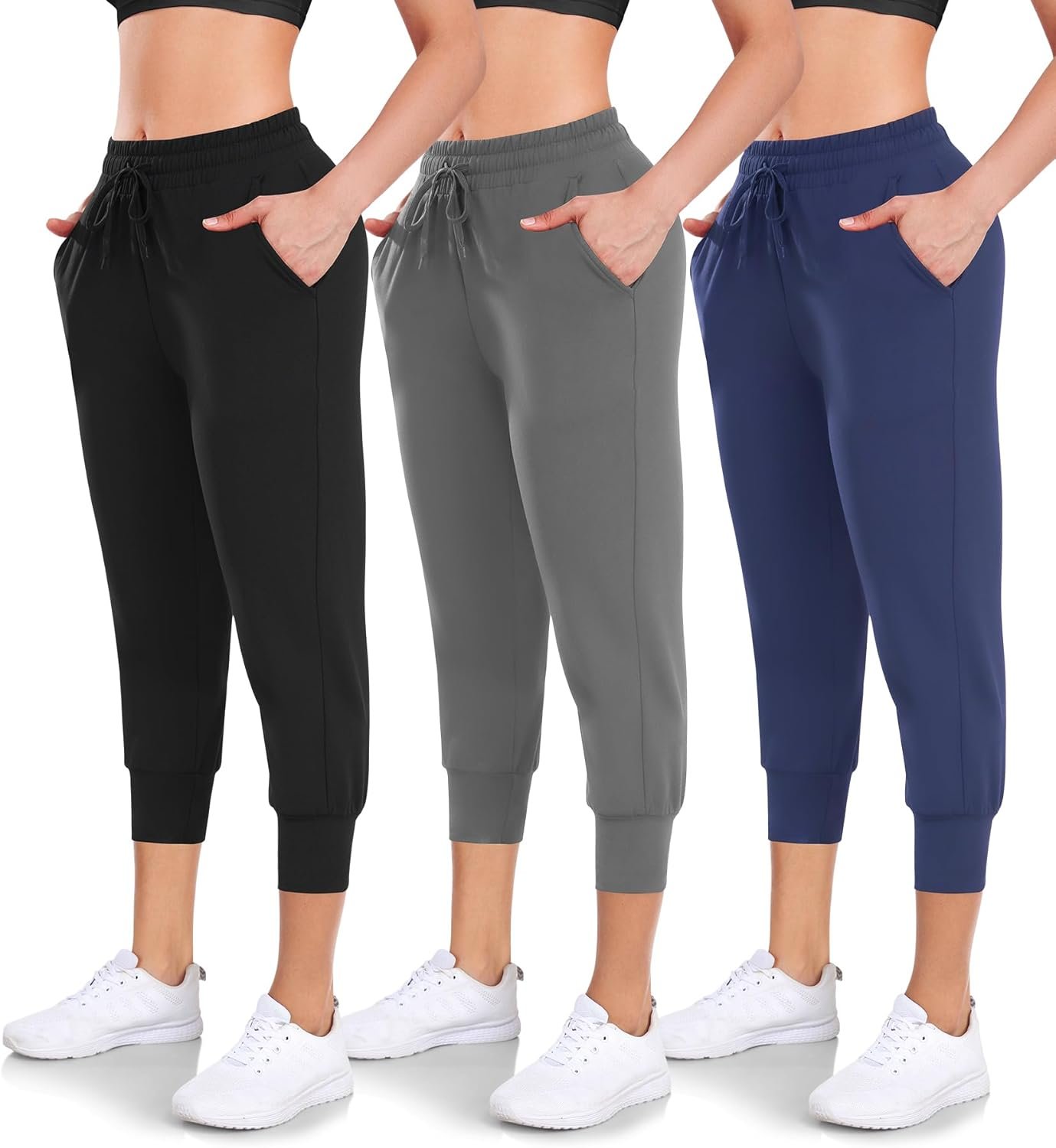 Women’s 3 Pack Capri Sweatpants with Pockets – High-Waist Yoga Joggers Athletic Running Leggings for Workout, Gym, Lounge