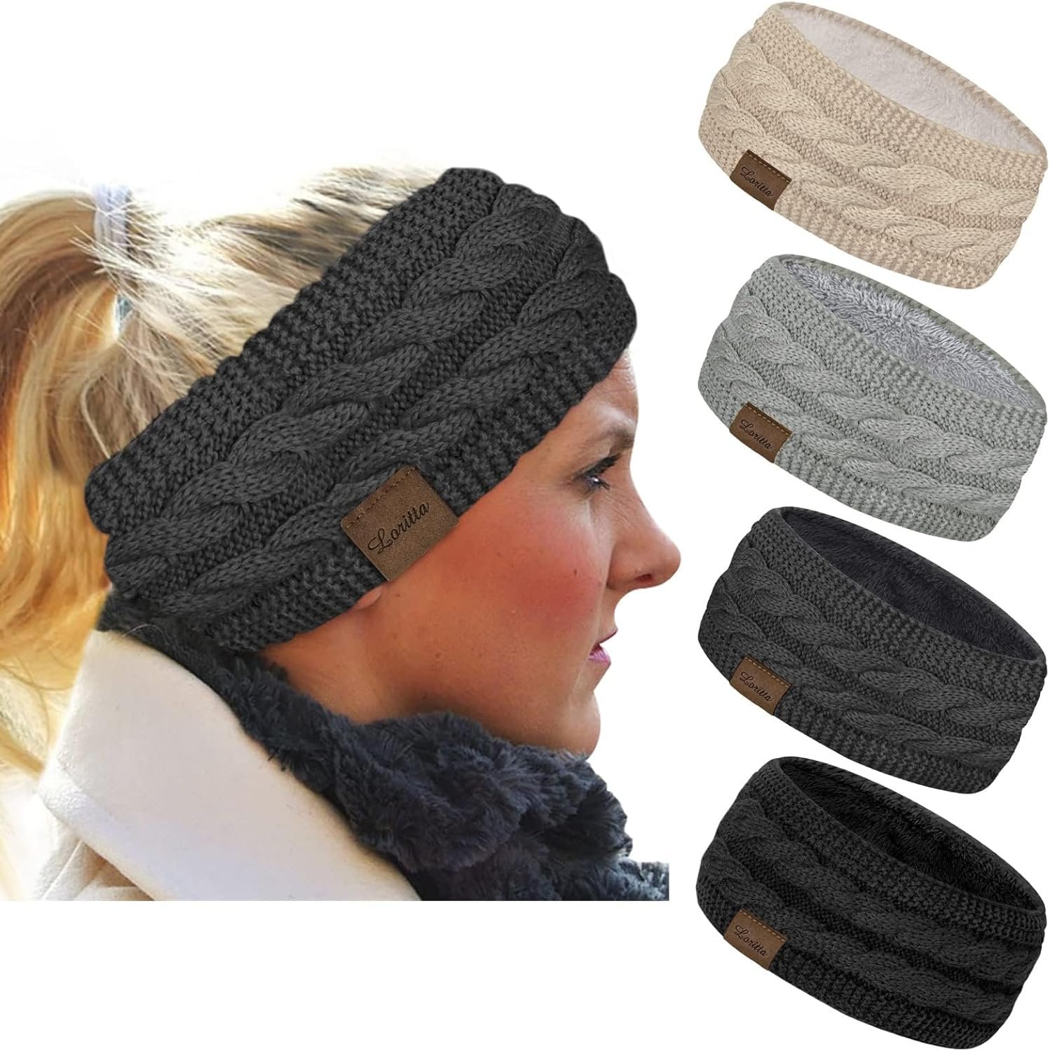 Loritta 4 Pack Womens Winter Headbands Fuzzy Fleece Lined Ear Warmer Cable Knit Thick Warm Crochet Headband Gifts